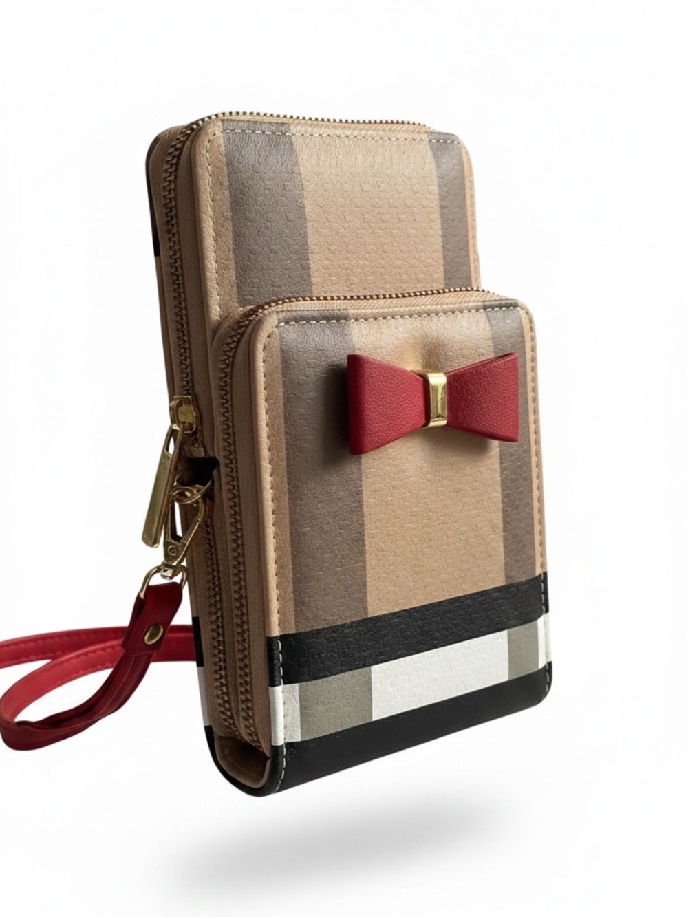 Striped Crossbody Phone Bag with Pink Bow Accent